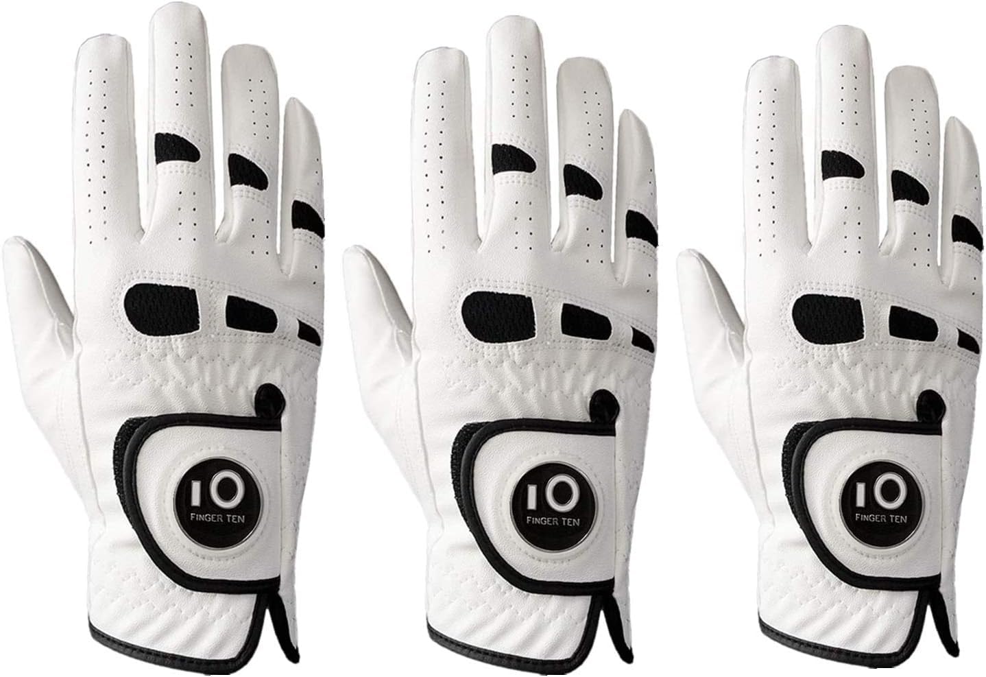 FINGER TEN Golf Gloves Men Left Hand Right with Ball Marker Cabretta Leather Weathersof Value 3 Pack, Rain Grip Golf Glove Mens Wear Resistant (White, XXL, Right)