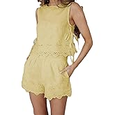 Y2k Women Tie Side Shorts Outfit 2pcs Sleeveless Crewneck Top Ruffle Trim Floral Embroidered Hollow Shorts Set