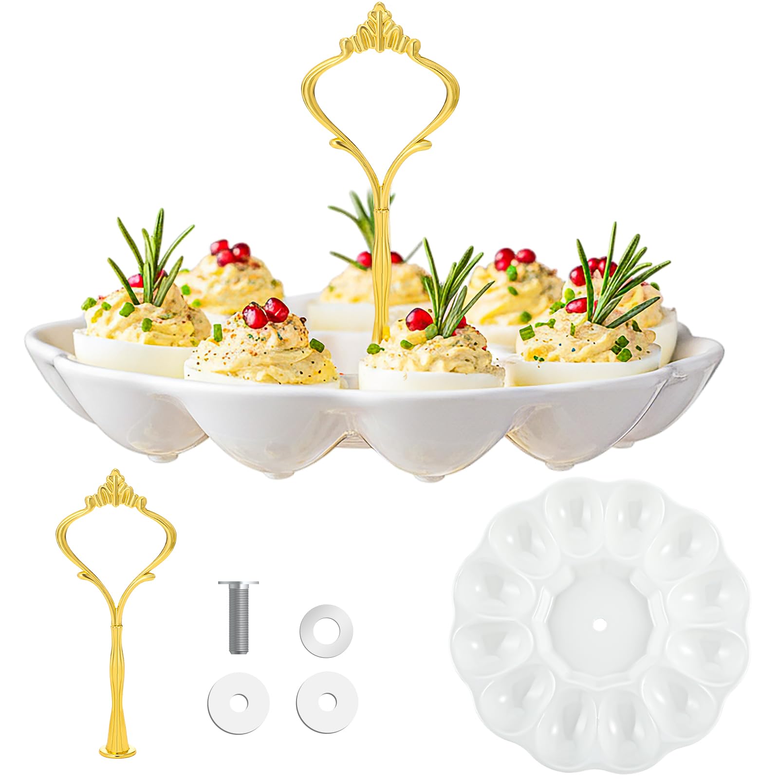 Photo 1 of 1 Tier Ceramic Easter Deviled Egg Platter 12 Hole Deviled Egg Tray Container, Detachable Eggs Holder Tower for Easter Party Food Container for Kitchen Countertop Microwave Dishwasher Freezer