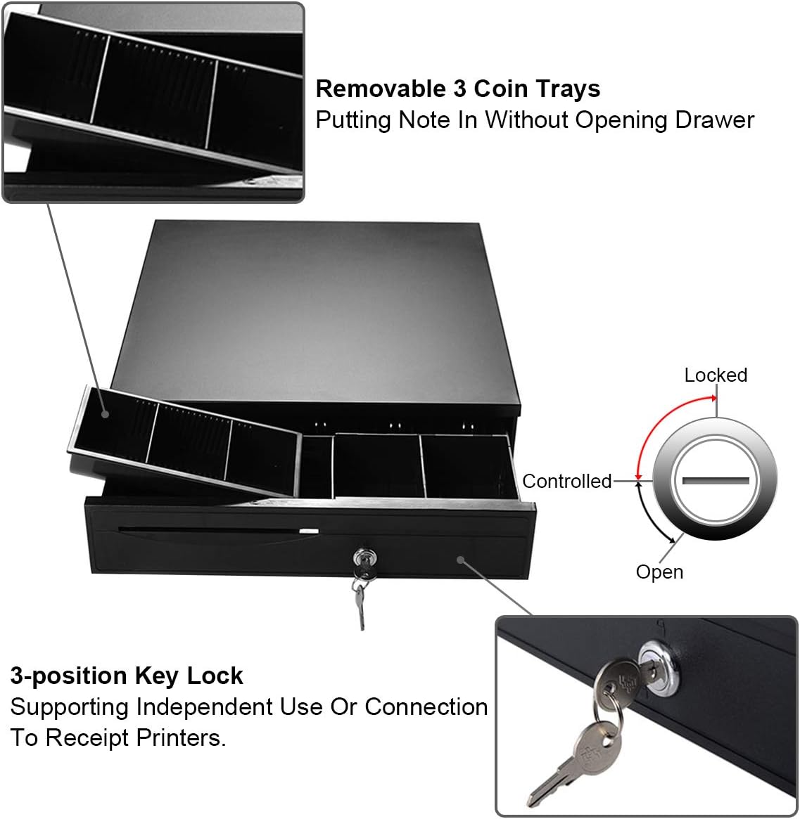 Tangkula Cash Register Drawer, for Point of Sale (POS) System with Removable Coin Tray, 5 Bill/5 Coin, RJ11 Key-Lock Works Compatible Epson POS Printers, Cash Drawer (16.5" x 16'') : Office Products