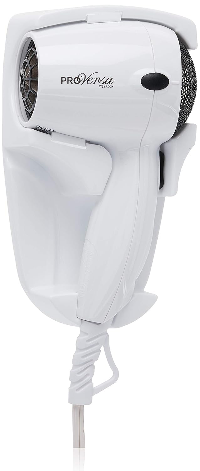 Jerdon JHD41W Wall Mount Hair Dryer with 2-Speed and Heat Settings, 1600-Watts, White Finish