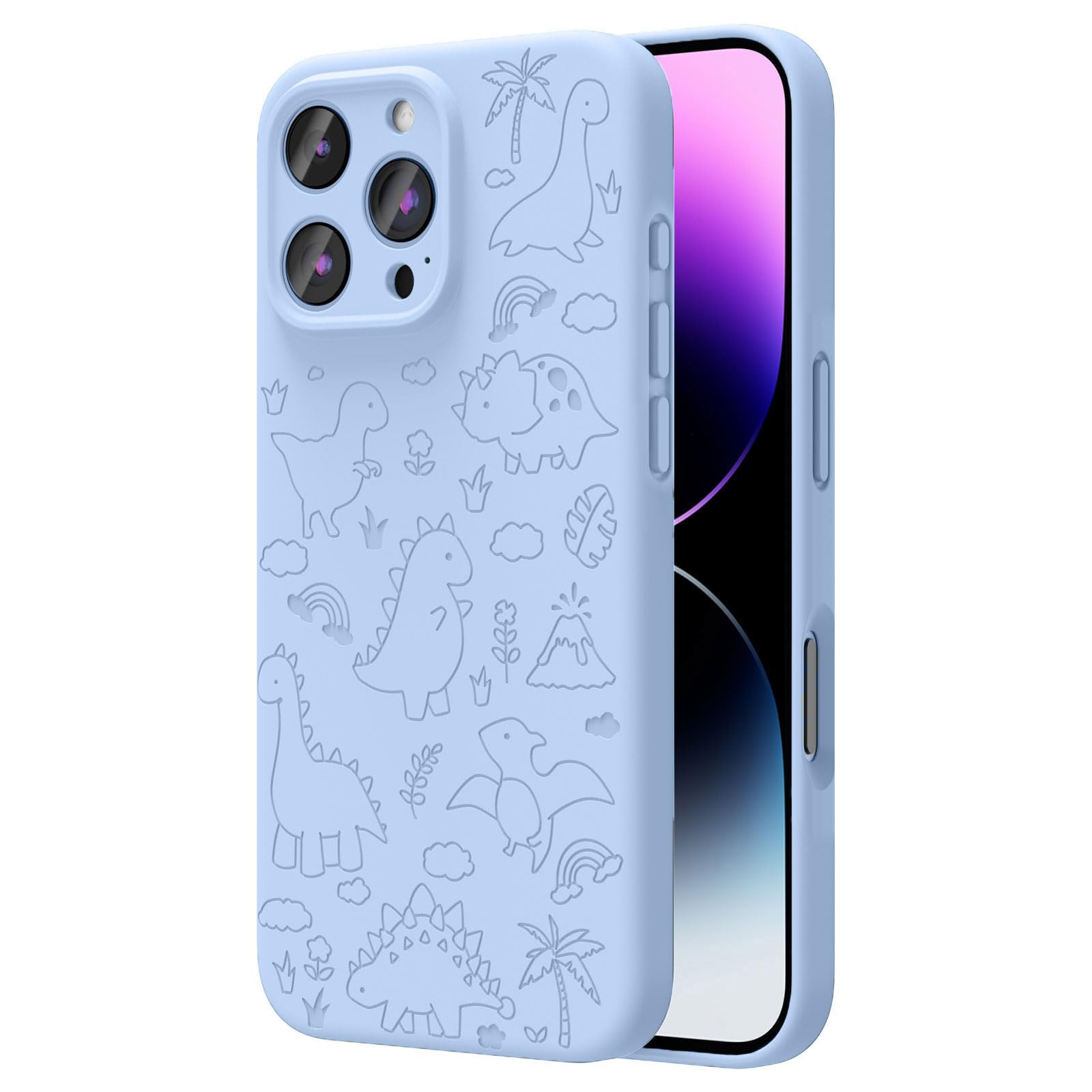Photo 1 of OAOA Magnetic Engraved Case Compatible with iPhone 16 Pro Max Case, Compatible with Magsafe, Camera All-Round Protection, Slim Liquid Silicone Phone Case for Women Girls, Baby Blue Dinosaur Land