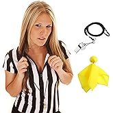 3 Pcs Women's Official Black & White Stripe Referee Shirt Zipper Collared V-Neck Referee Jersey ,Ref Whistle ,Yellow Penalty Flag for Basketball Football Soccer Refs Christmas Waitresses & Costume