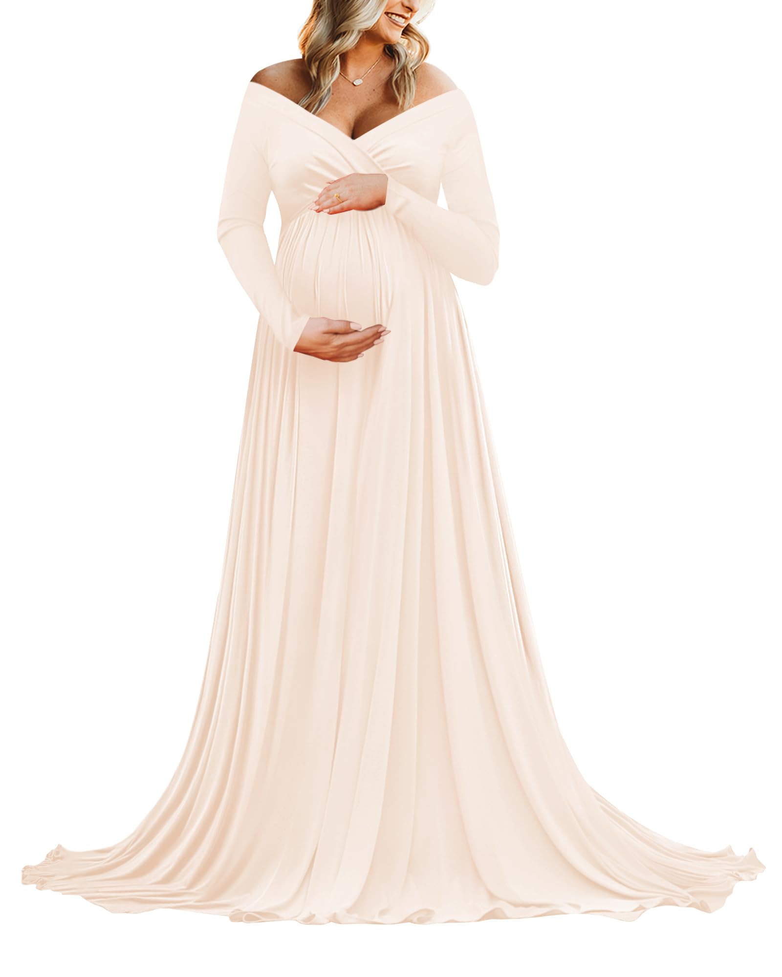 Photo 1 of Saslax Maternity Off Shoulders Long Sleeve Half Circle Gown for Baby Shower Photo Props Dress Champagne M