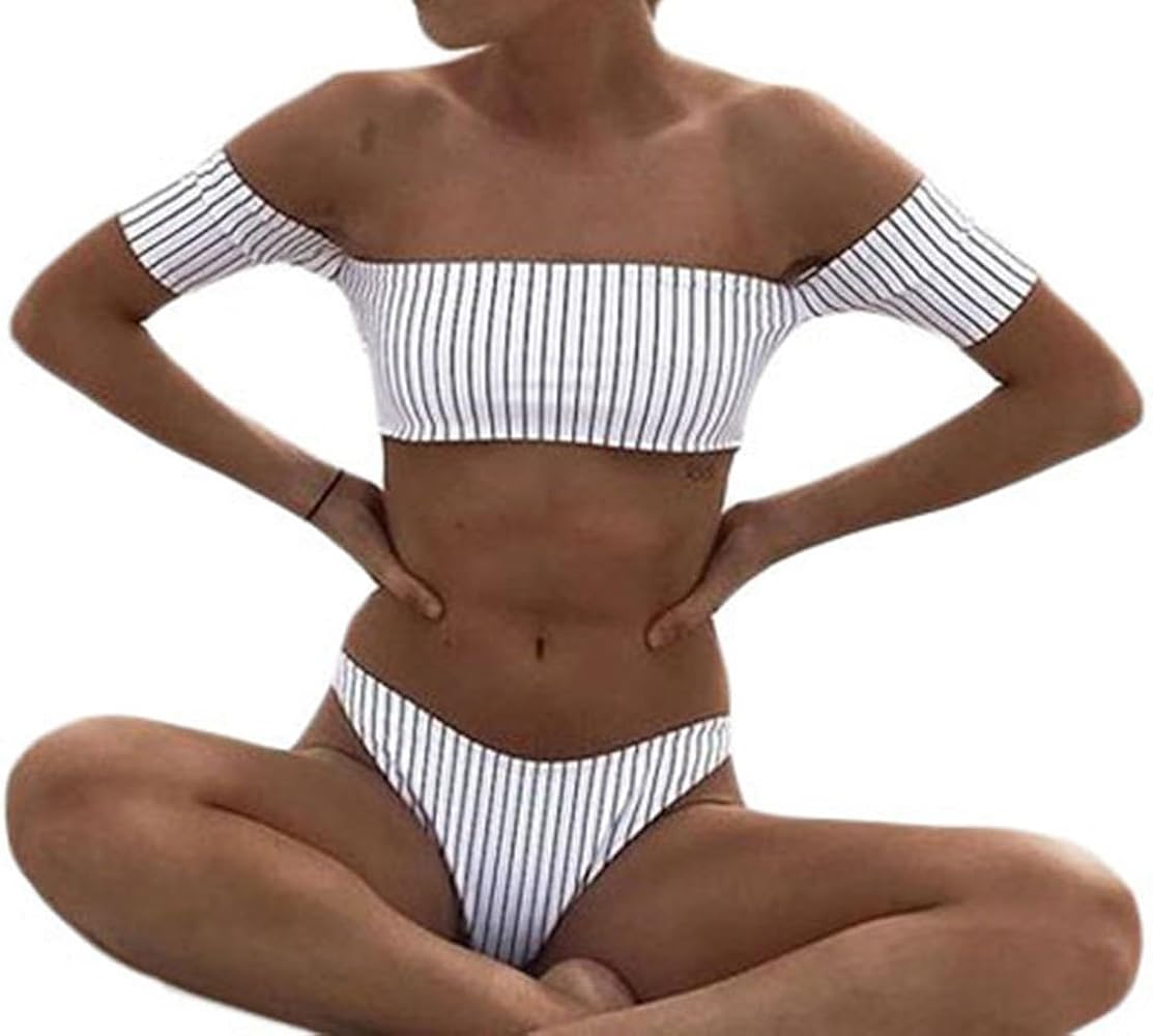 white and black striped bikini