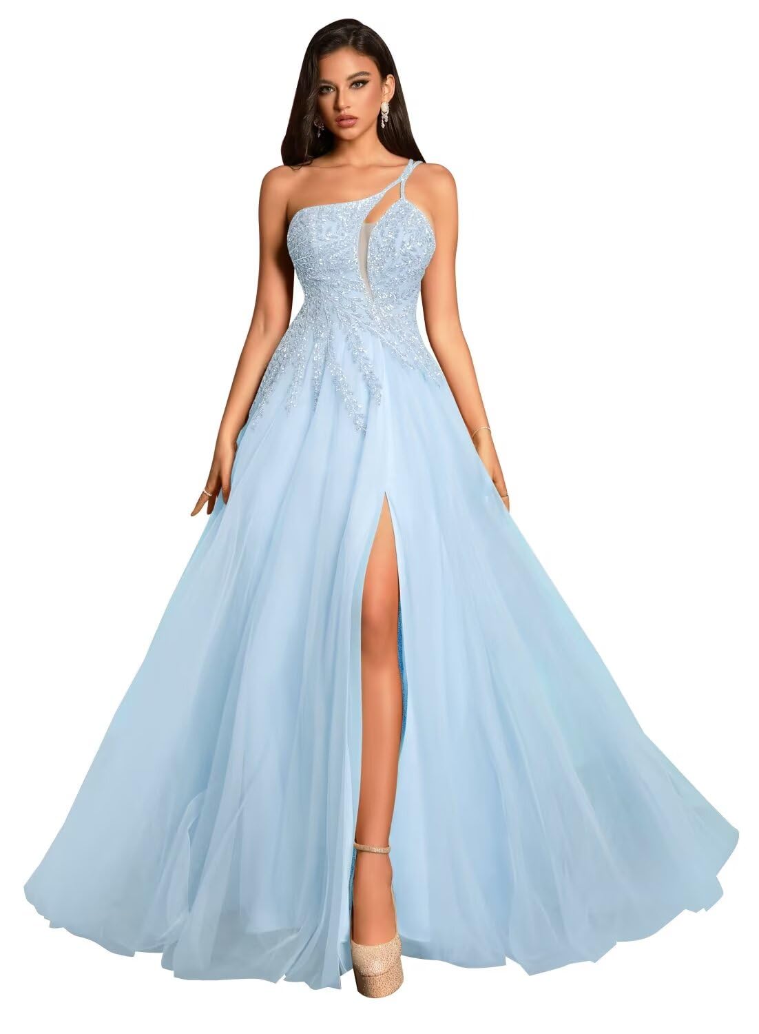 Light Blue Prom Dresses with Pockets Long Plus Size
