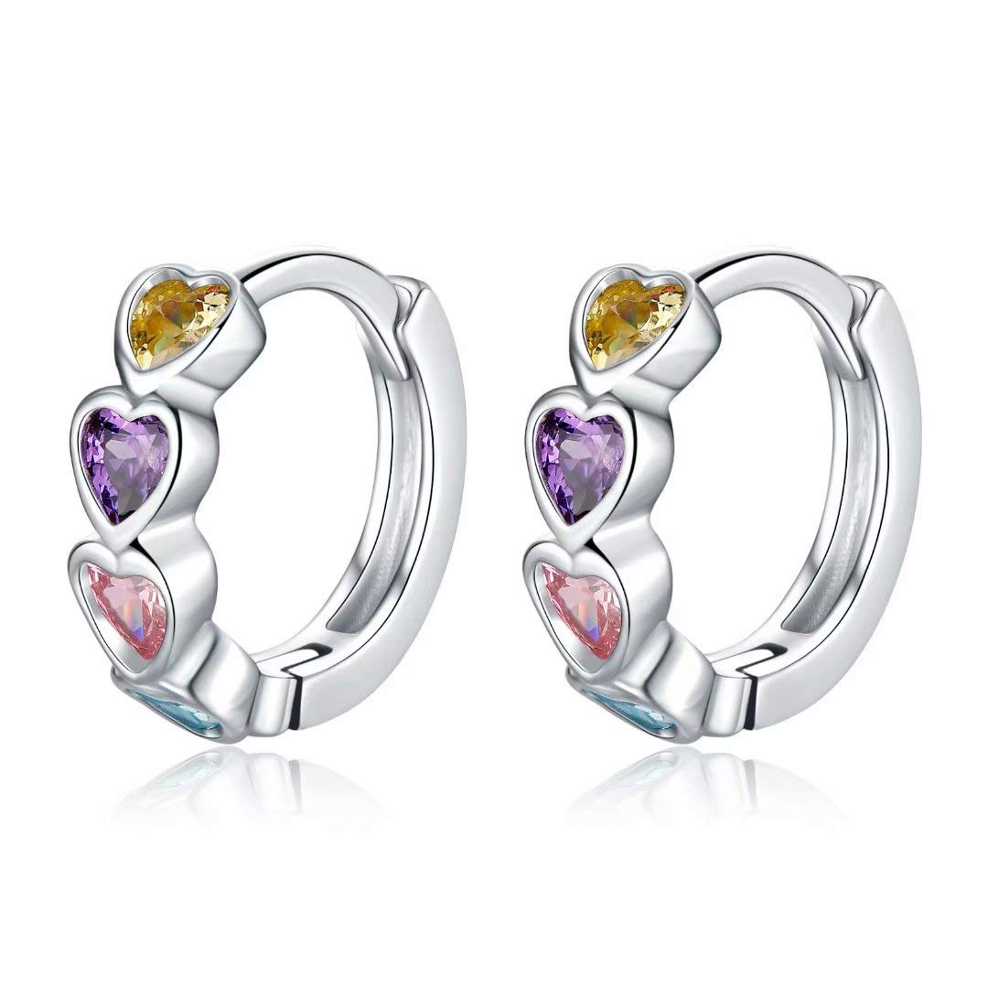 Qings Huggie Hoop Earrings, Colorful Heart Earrings 925 Sterling Silver Earrings with CZ Infinity Tiny Hoops Dainty Stud Earrings Birthday Gifts for Women Girls