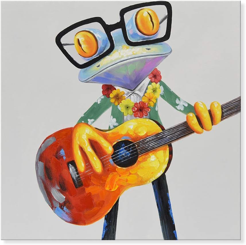 Paintings - JAPO ART Hawaiian Frogs Play Guitar Funny Animal 100% Hand Painted Oil Painting with Stretched Framed Wall Art for Home Kids Room Bedroom Living Room Ready to Hang 24 x 24 Inch