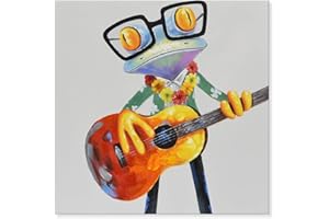 JAPO ART Hawaiian Frog Play Guitar Funny Animal with Glasses Canvas wall art 100% Handpainted Frog Painting Pictures Wall Decor for Home Kidroom Bedroom Livingroom 24x24Inch