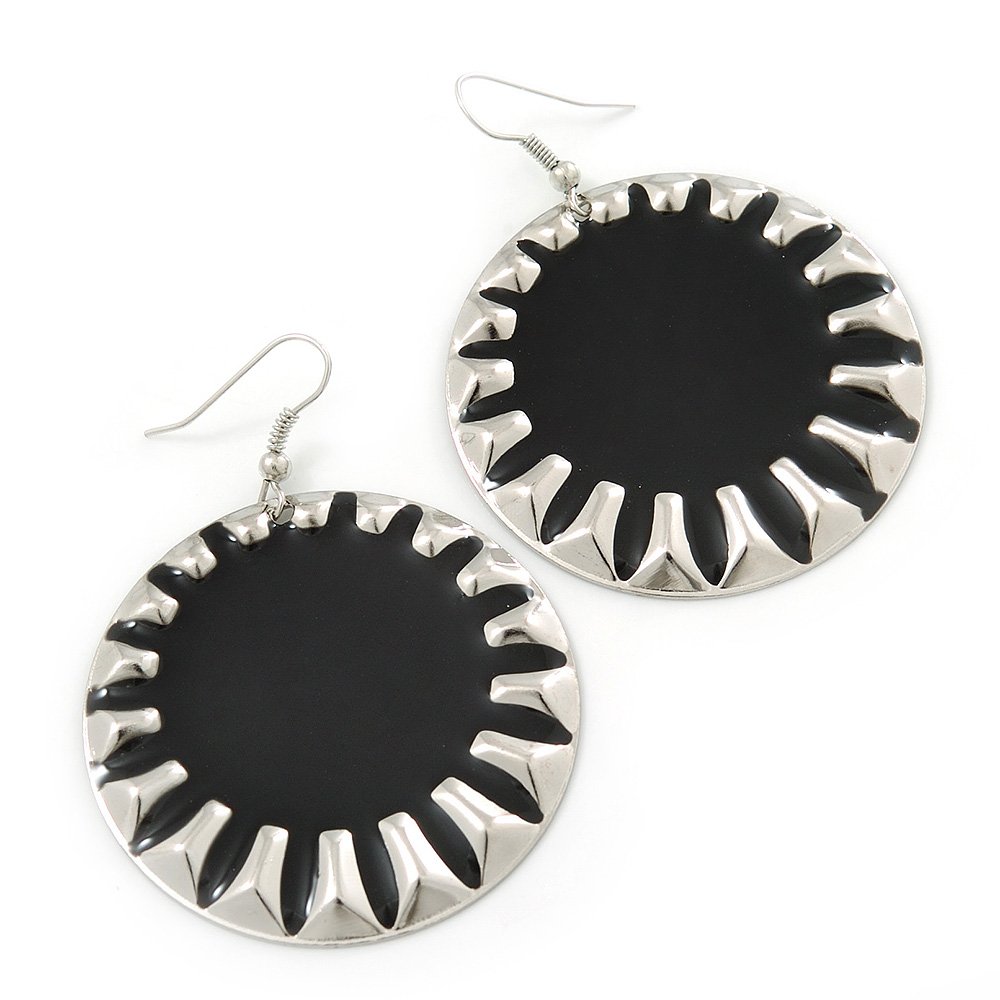 45mm D/Large Round Black Enamel Drop Earrings/Silver Tone/ 60mm L