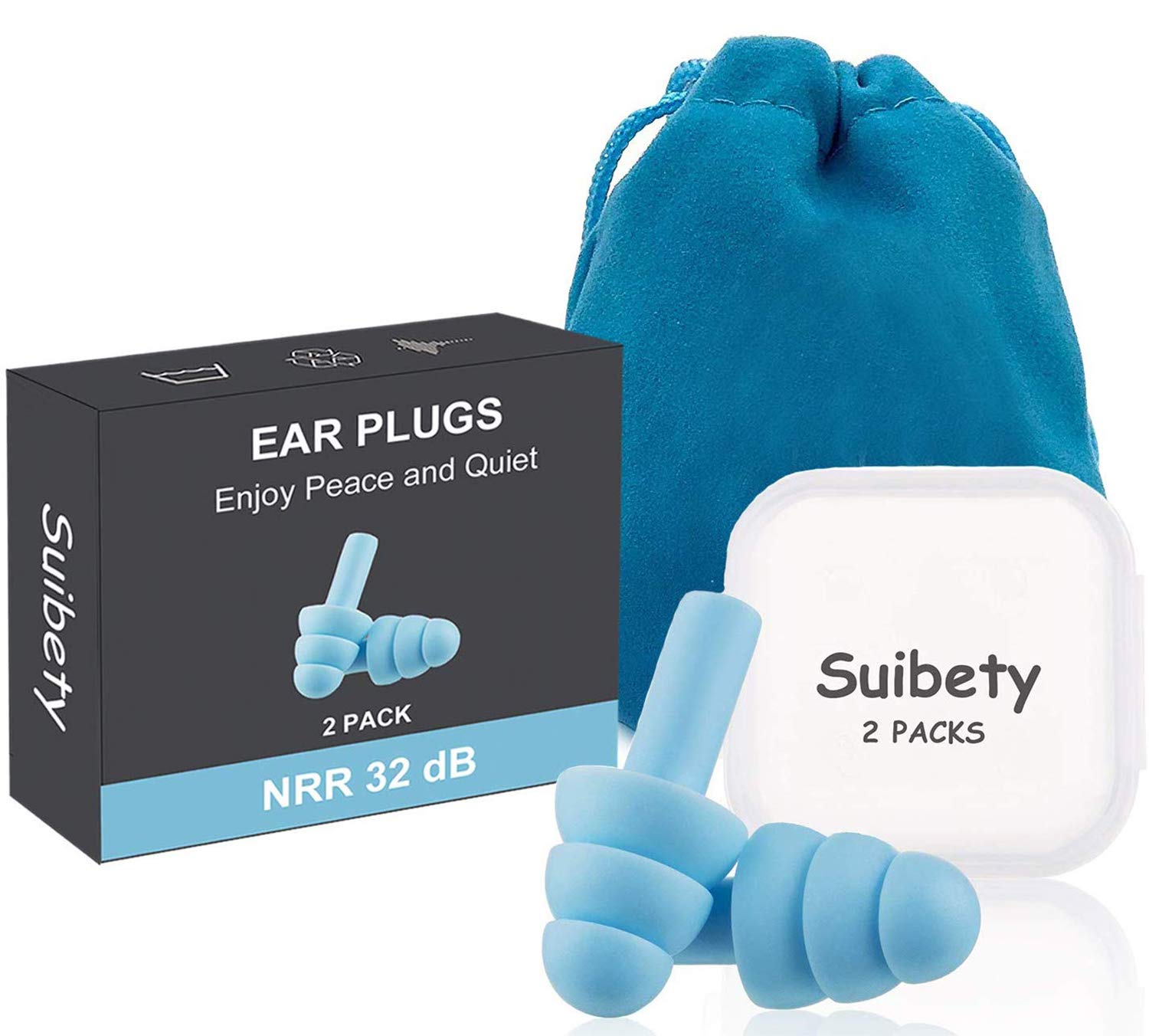 Ear Pugs for Sleeping, 2 Pairs Noise Cancelling Sound Blocking Earplugs Reusable Noise Reduction for Musicians Concerts Silicone with Storage Bag, Blue