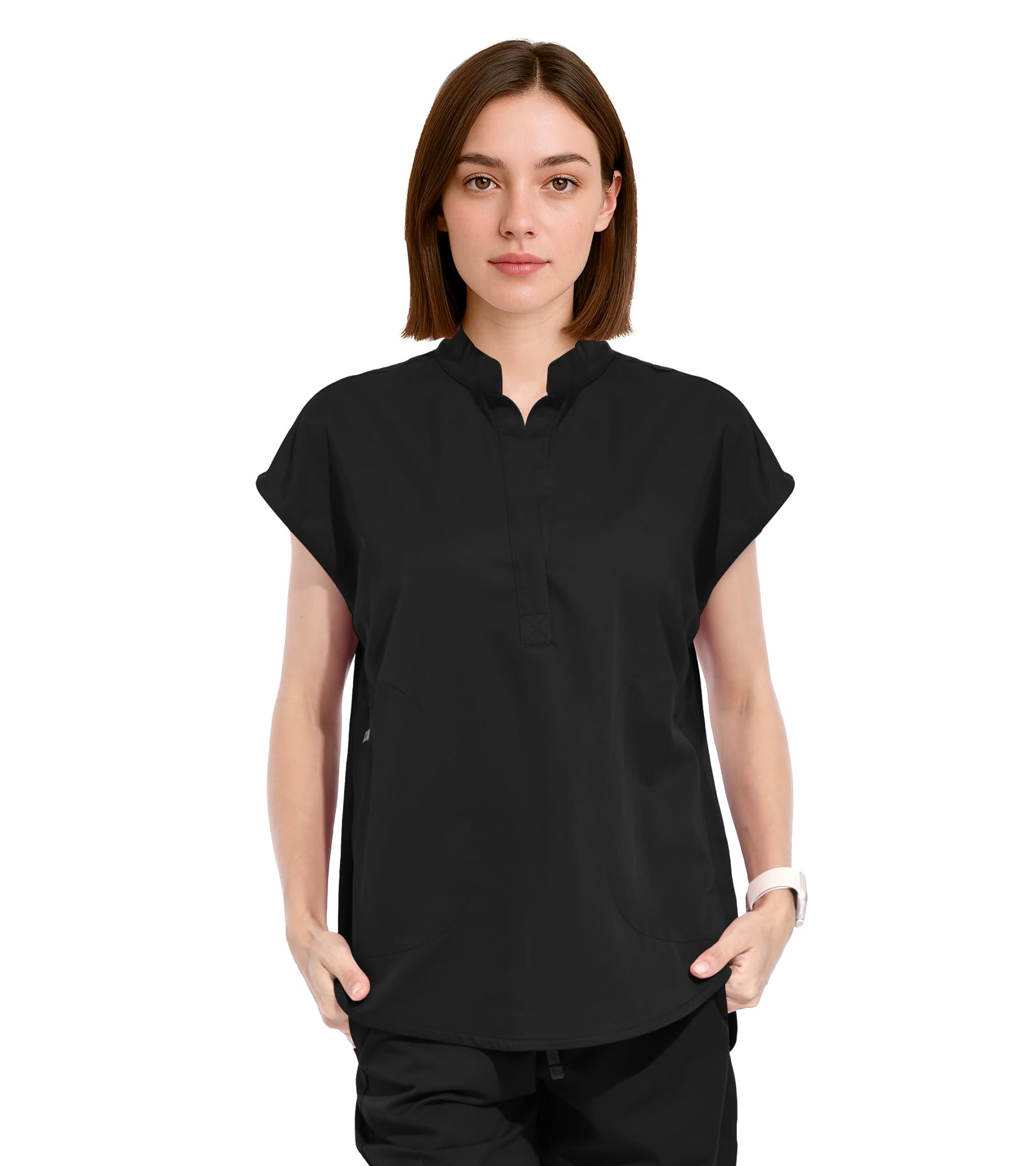 Photo 1 of *TOP ONLY* Medical Scrub Tops for Women - Mandarin Collar Soft Stretch Women’s Scrub Top, Relaxed Fit Scrub Shirts Black