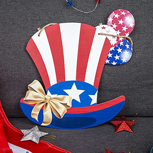 4th of July USA Hanging Wooden Door Sign Uncle Sam Patriotic Hat Wall Decor Hanging Wreath Sign Welcome Sign Perfect For Independence Day Memorial Day Patriotic Decoration Farmhouse,Porch,Garden,Front Door（11.8 X 11.8 inch)