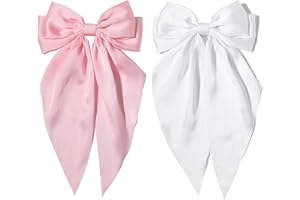 Furling Pompoms Pink Hair Bow Clips for Women,Large White Satin Hair Bows,Long-Tail Alligator Clips,Big Hair Bow Girls 2pcs Hair Accessories for Birthday Wedding Prom Party