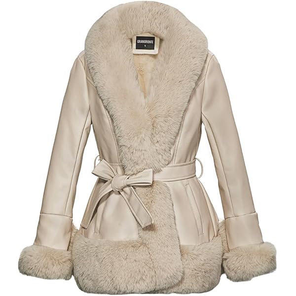 AOWITH Faux Leather Jacket for Women with Faux Fur Collar Long
