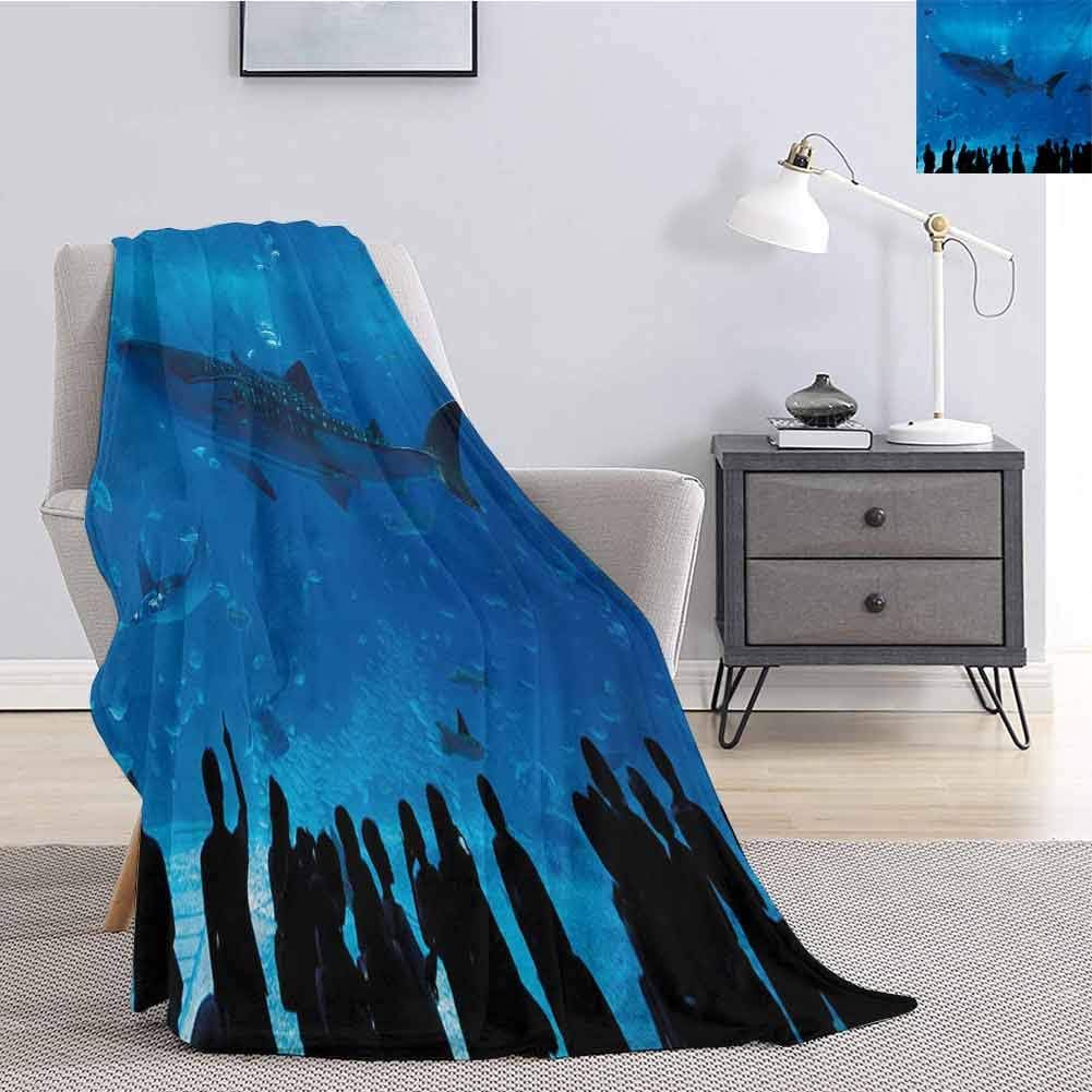 jecycleus Shark Comfortable Large Blanket Japanese Aquarium Park with People Silhouettes Watching Underwater Life Hobby Image Microfiber Blanket Bed Sofa or Travel W70 by L84 Inch Blue Black