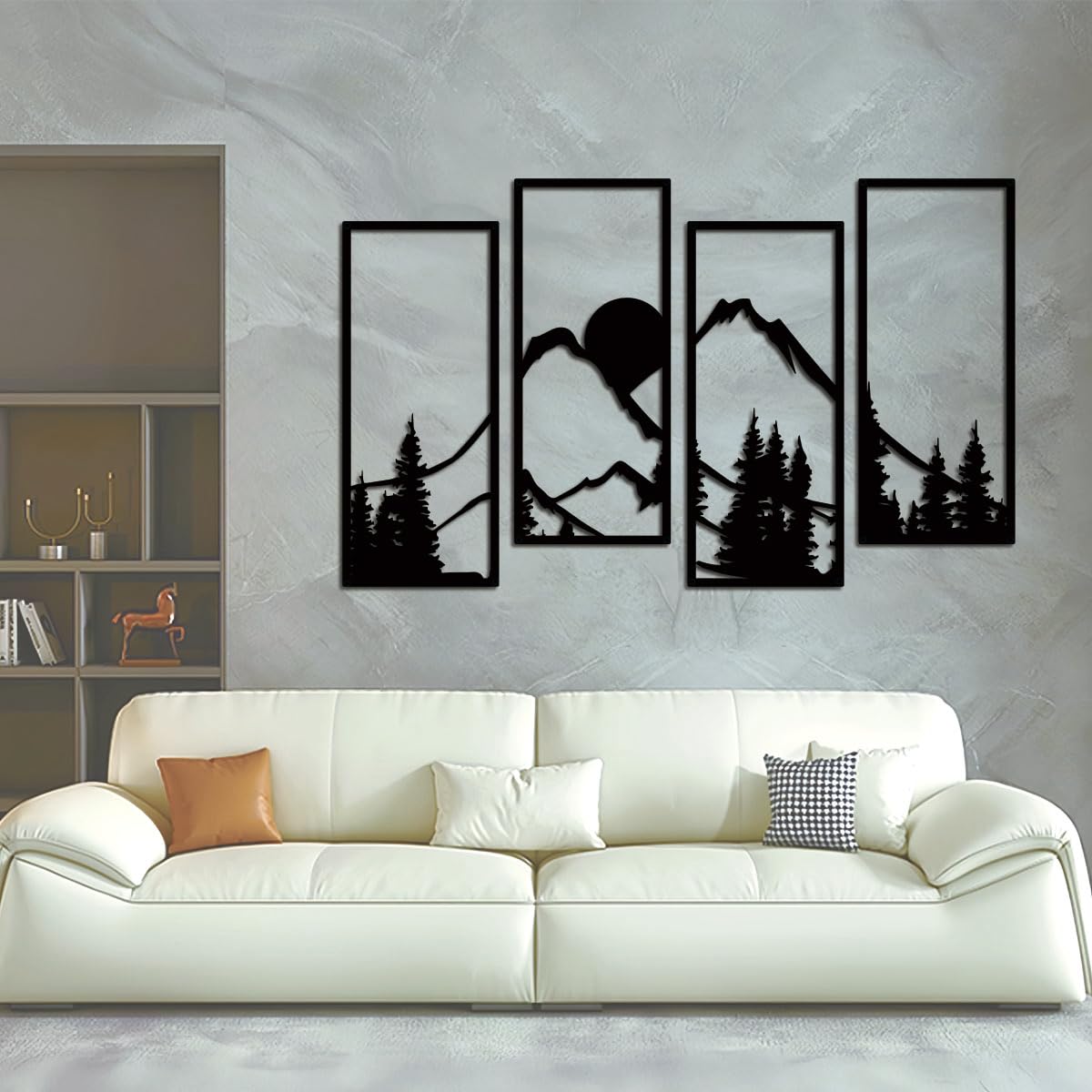 ruelen 4 Pcs Metal Sunset Mountain Forest Wall Decor, Abstract Minimalist Line Drawing Large Mountains Wall Art Home Decor for Living Room Bathroom Bedroom Office Indoor And Outdoor (Black, Large)