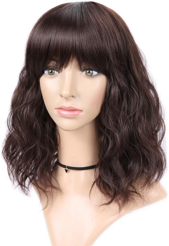 HANNE Short Synthetic Wigs with Free Bangs for Black Women Natural Wave Glueless Synthetic Hair Wigs (Dark Brown)