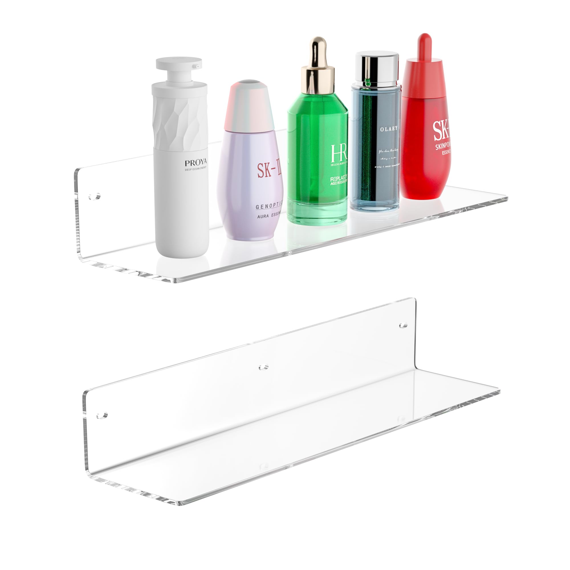 Sezanrpt 16 Inches Clear Acrylic Shelves, Wall Mounted Organizer Shelves for Bedroom, Clear Wall Storage Shelves for Cosmetics, Skincare, Router, Doll, Toiletries, Helmets, 2 Pack