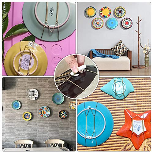 SelfTek 10 Pcs 8 Inch Stainless Steel Golden Wall Plate Hangers and 15 Pcs Wall Hooks Decorative Dish Display