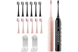 Electric Toothbrush 2 Pack - Electric Toothbrush for Adults with 12 Replacement Brush Heads, 2 Toothbrush Holders, 6 Modes (B
