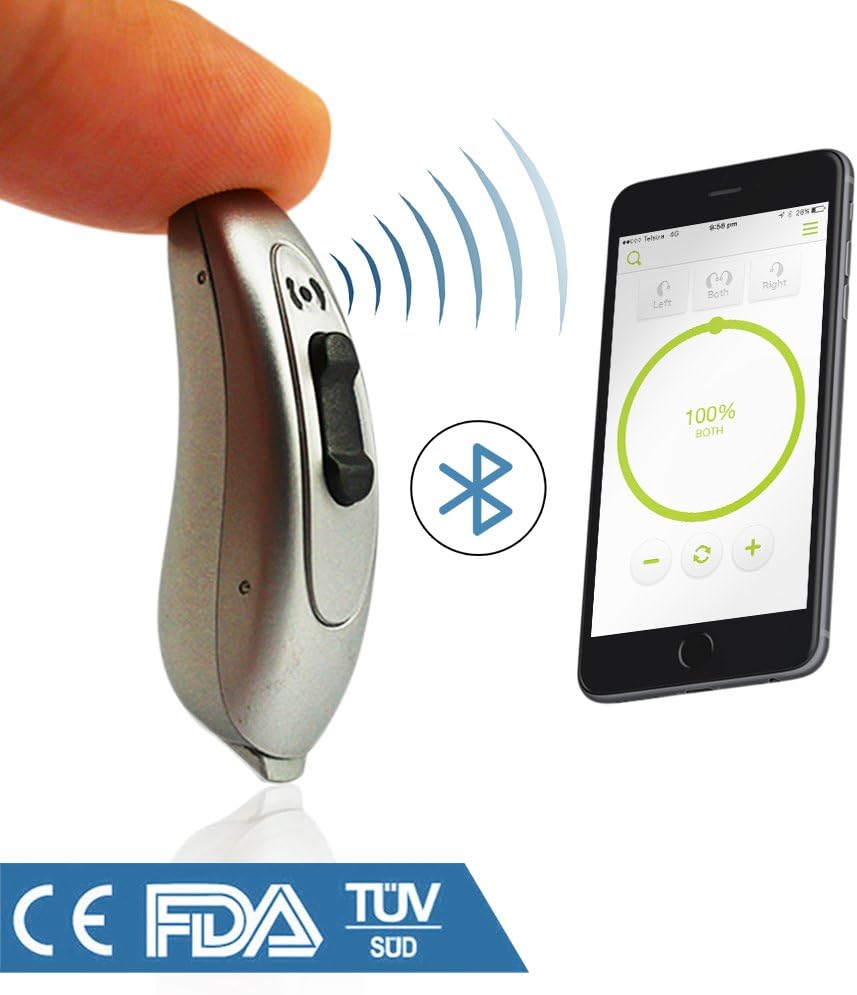 FDA Approved Small Behind The Ear Quality 100% Digital Rechargable Bluetooth Hearing Aid Sound Amplifier (PSAP) - (1 Hearing aid in Box)