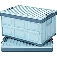 JUJIAJIA Blue Folding Plastic Stackable Utility Crates 2-Pack, Collapsible Storage Bins with Lids 30L, Durable Containers for Home & Garage Organization