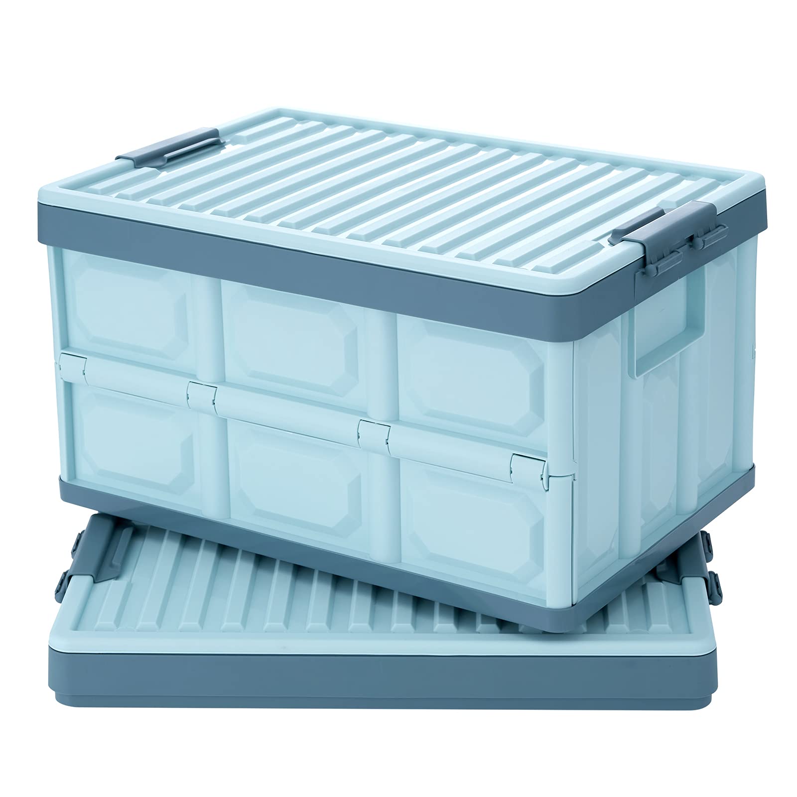 Photo 1 of JUJIAJIA Blue Folding Plastic Stackable Utility Crates 2-Pack, Collapsible Storage Bins with Lids 30L, Durable Containers for Home & Garage Organization