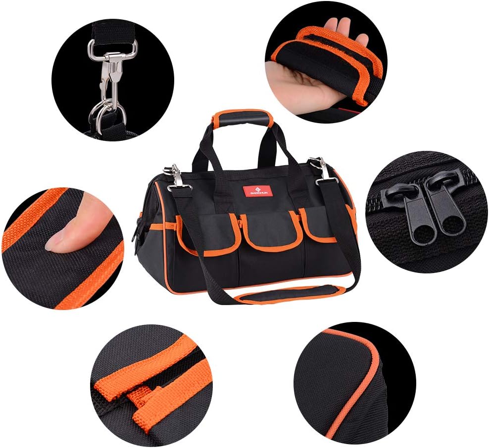 17-Inch Water Proof Multi-Compartment Pocket Tradesman's Wide Mouth Storage Tool Bag with Adjustable Shoulder Strap Bag - - 