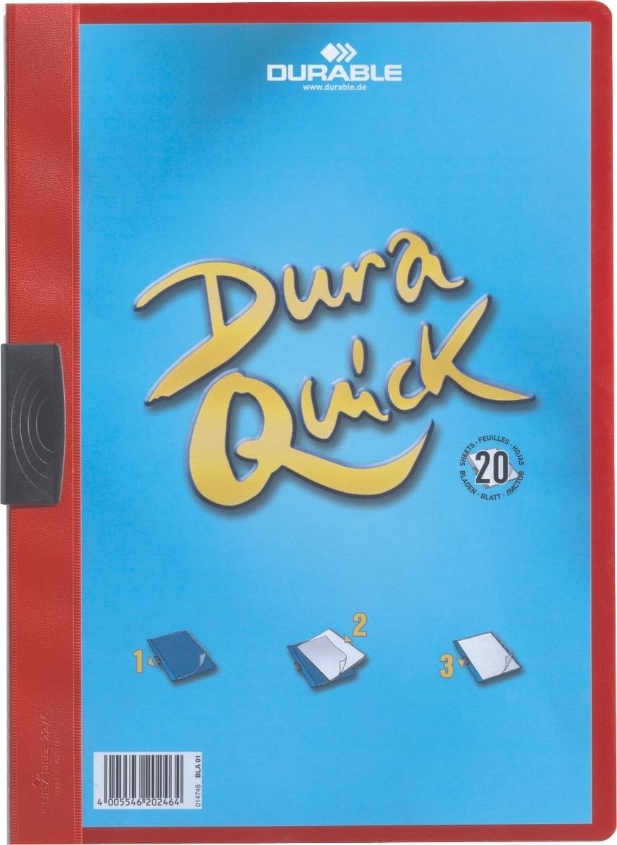 Durable Duraquick A4 Clip Folder, Clear PVC Plastic Front Holds Up to 20 Sheets, Red, Box of 20