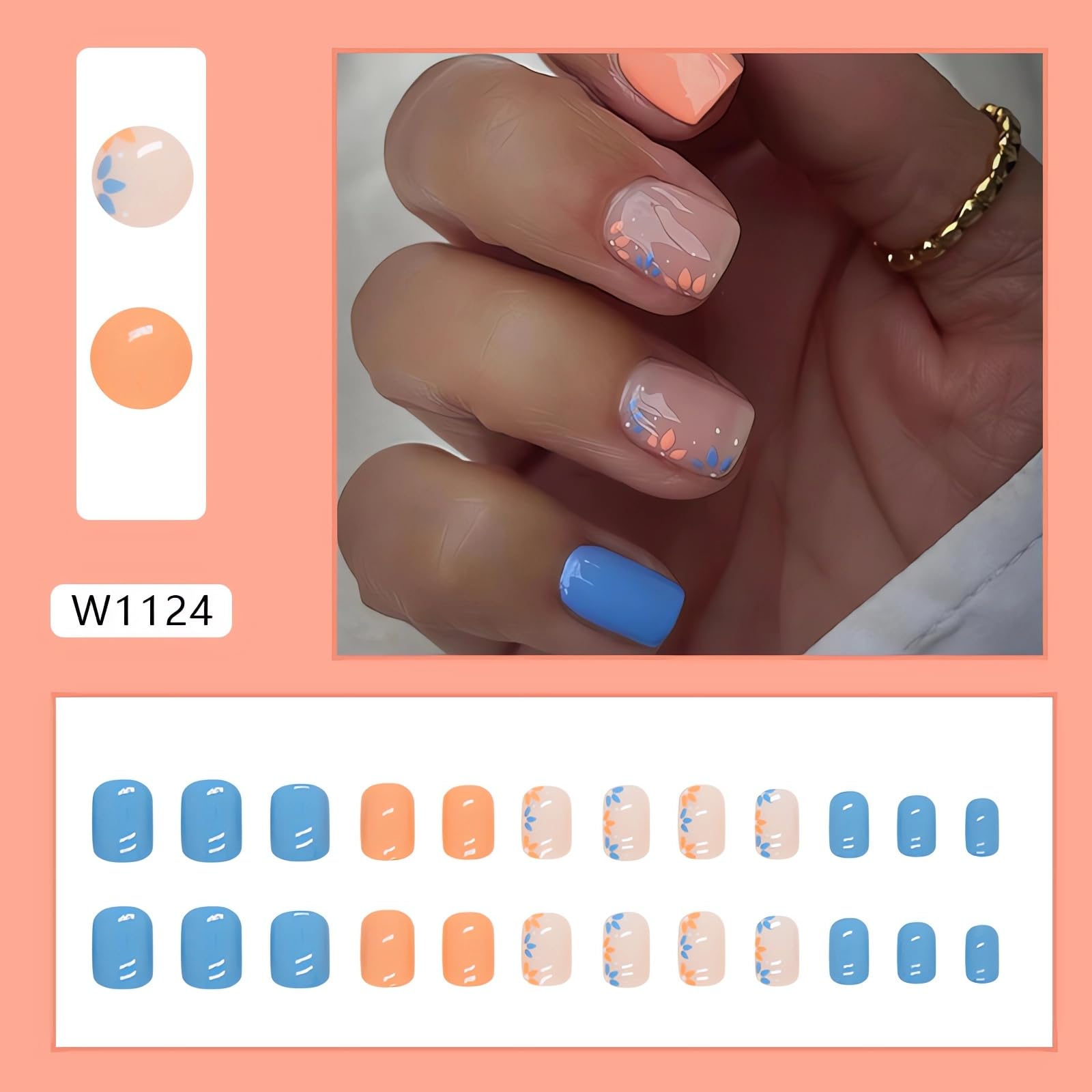 Short Press on Nails Square Fake Nails Blue Orange Flowers Glue on Nails Spring Summer Nail Art Decorations Glossy Full Cover Acrylic False Nails Short Square Stick on Nails 24Pcs - Image 2