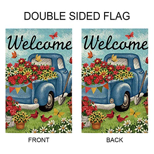 GOAUS Welcome Flower Old Truck Daisy Bird Butterfly Floral Garden Flag,Spring Double Sided Burlap Decorative House Flags for Home Lawn Yard Indoor Outdoor Decor,12 x 18 Inch