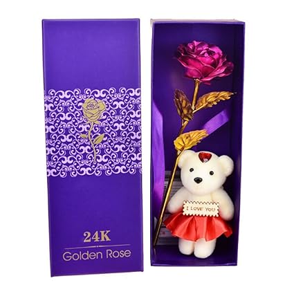 Skylofts 24K Pink Rose with I Love You Teddy Bear Doll, Gift Box and Carry Bag - Best Valentines Day Gift, Birthday Gifts Gold Dipped Rose
