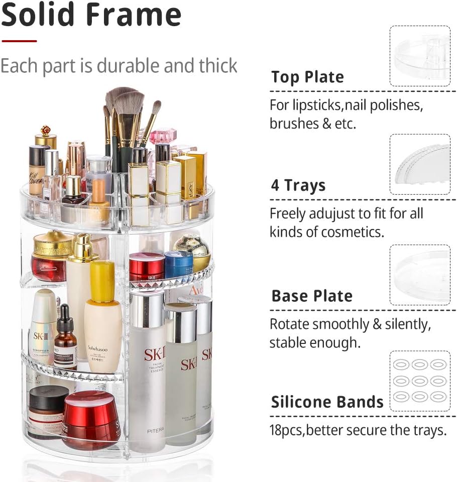 360 Rotating Adjustable Makeup Organizer - Thicker Makeup Storage Display Case Fits Jewelry,Makeup Brushes, Lipsticks and More: Home Improvement