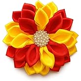 Gold and Red 3.5" Swirl Satin Flower Brooch, with Pearl Crystal Center, Phi Delta Kappa Inspired Paraphernalia Brooch Pin for Women, Inspired for Conferences, Luncheons, Events - National Sorority of Phi Delta Kappa (NSPDK) lapel pin