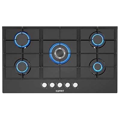 36" Built-in Gas Cooktop KUPPET QB5903 Gas Stove with 5 Booster Burners Smooth Surface Black Tempered Glass(5 Italy Sabaf Sealed Burners), NG/LPG Convertible ETL Certified