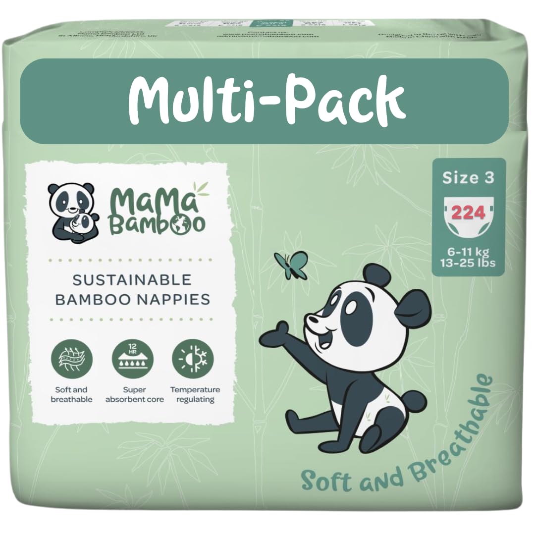 Mama Bamboo - Sustainable Bamboo Nappies - Soft Breathable Bamboo Viscose - Super Absorbent Core - with Leak Free Elasticated Panels - Size 3 (6-11kg) x 112 Nappies