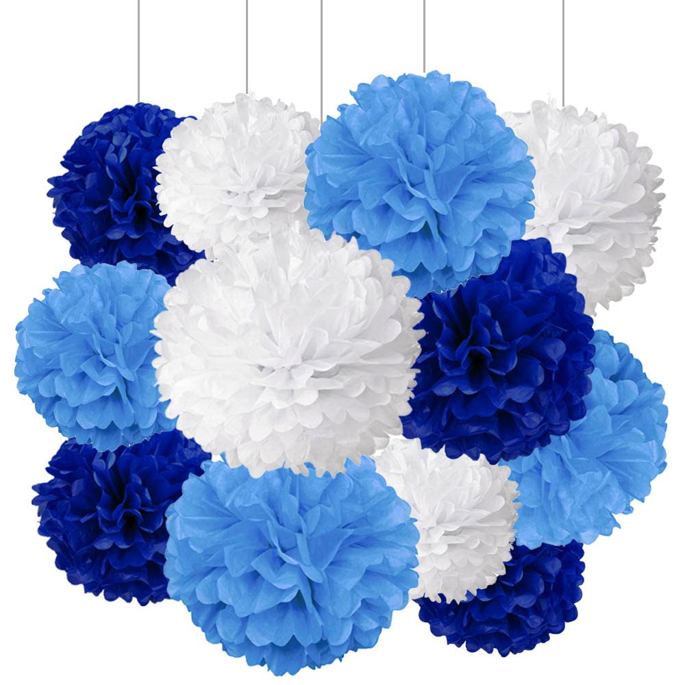 ZooYoo 12pcs White,Blue and Dark Blue Hanging Tissue Paper Pom Poms Decorations for Party Ceiling Wall Tissue Flowers Decorations - 3 Colors of 12 Inch, 10 Inch