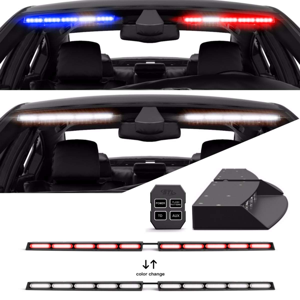 Super Take Down Raptor TIR Interior Upper Windshield Split LED Visor Light Bar for Emergency Vehicle Warning Visor Lights - Red/Red - Clear
