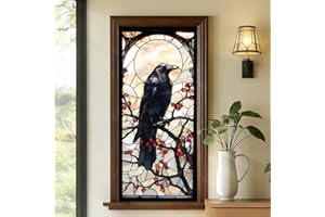 PRESSINART Gothic Window Privacy Film Crow 17.5 x 39.4 Inch Removable Vinyl Static Cling, Stain Glass Window Cling Birds UV H
