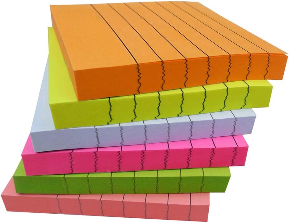 Creatiburg Sticky Notes with Lines 3 inch X 3 inch 6 Assorted Bright Color Lined Self-Stick Notes, 100 Sheet/Pad 6 Pads/Pack, Easy Post Note Individually Wrapped, Great Office Supplies