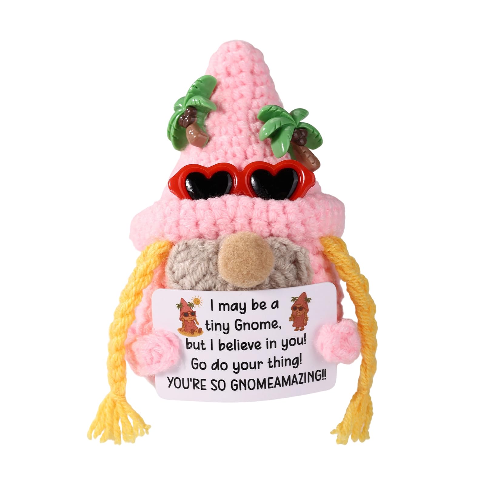 TOYMIS Positive Funny Crochet Gnome with Sunglasses, Knitted Gnomes with Heartwarming Emotional Card Inspirational Support Dwarf Doll for Nordic Style Desk & Shelf Decor Gift