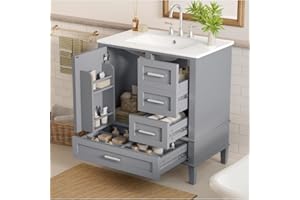 30" Bathroom Vanity with Sink - Solid Wood+MDF Cabinet | 1 Soft-Close Door, 3 Soft-Close Drawers, Zinc Alloy Handles (Grey)