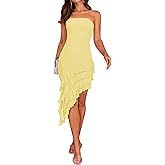 ZESICA Women's 2026 Summer Strapless Bodycon Tube Dress Sexy Off Shoulder Mesh Irregular Ruffle Backless Party Midi Dresses