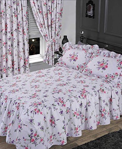 Elizabeth Purple, Double Bed Fitted Bedspread &amp; Pillowsham Set, BY THE CAMEO COLLECTION, Traditional Frilled Floral Set Rose Flowers White Lilac Pink Green by The Cameo Collection