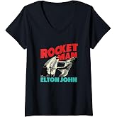 Womens Official Elton John x Rocketman Piano Black V-Neck T-Shirt