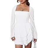 GOBLES Women's Sexy Long Flare Sleeve Square Neck Chiffon Tiered Mini Cocktail Party Dress