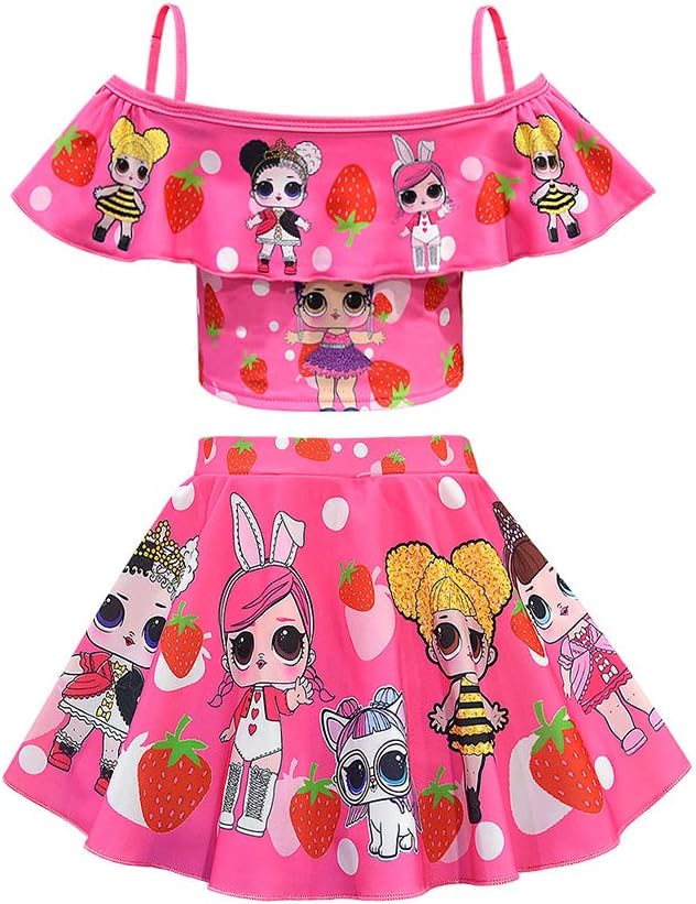 Rohero Toddler Baby Girls Swimsuits Two Piece Doll Print Ruffle Swimwear Bathing Suit for Doll Surprised Beach Tankinis
