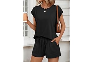 Womens Two Piece Sets Summer Lounge Sets Sweatsuit Shorts Set Cap Sleeve Drawstring Sweatsuit with Pocket