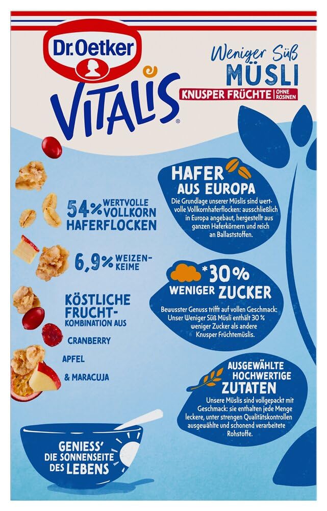 Dr. Oetker Vitalis Weniger Süß Knusper Frucht: Knuspermüsli mit Cranberries und Apfelscheiben, 6er Packung, (6 x 500g) 2